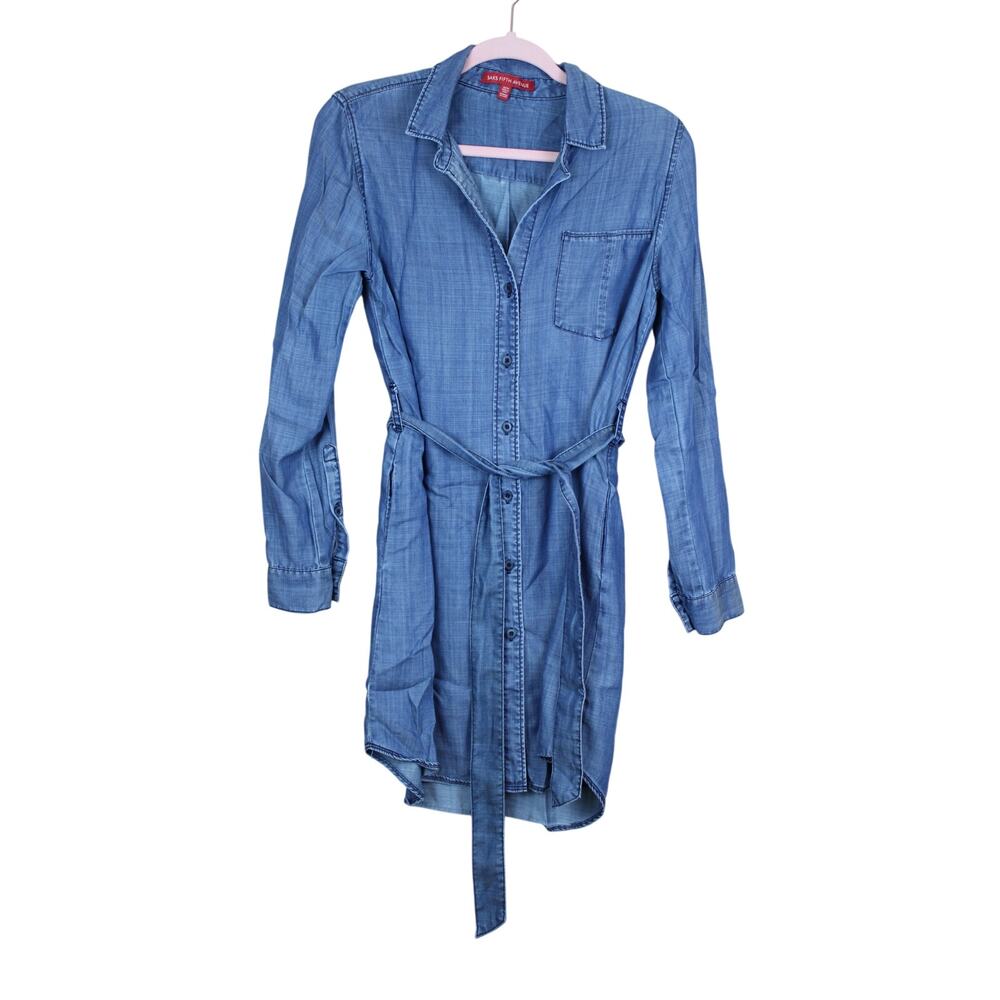 Saks Fifth Avenue Blue Long Sleeve Button Up Tie‎ Denim Shirt Dress Size XS